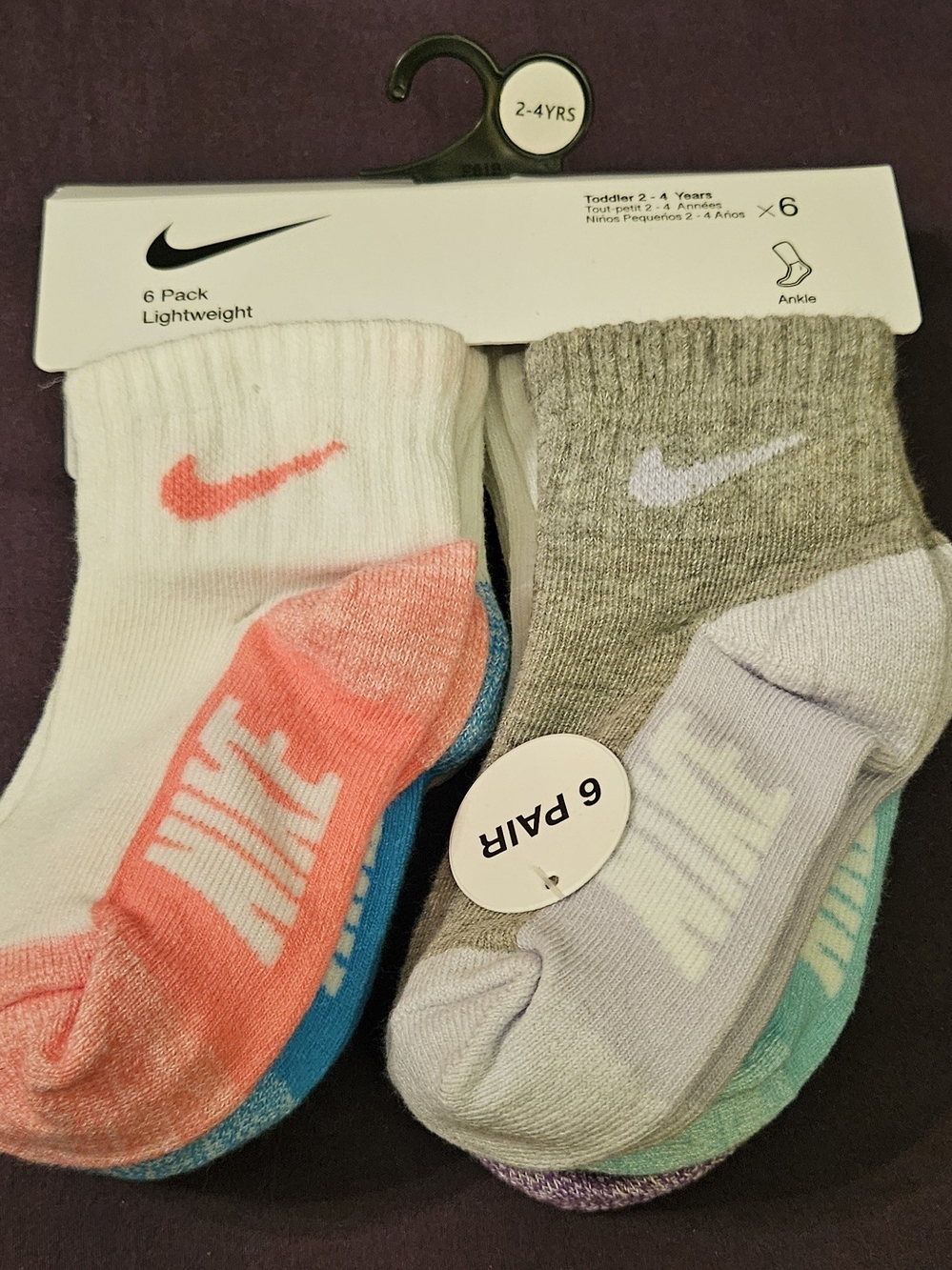Nike Kids Ankle Socks 6-Pack - White, Gray, Coral, Blue, Mint, Lavender